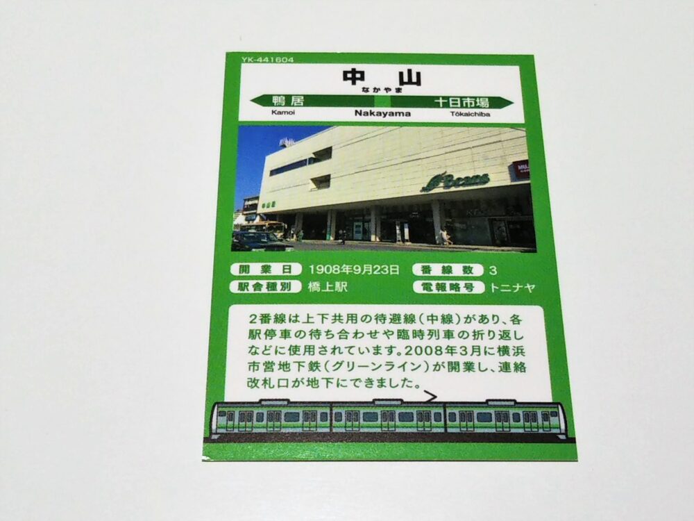 中山駅でもらえる横浜線の駅カード（裏）