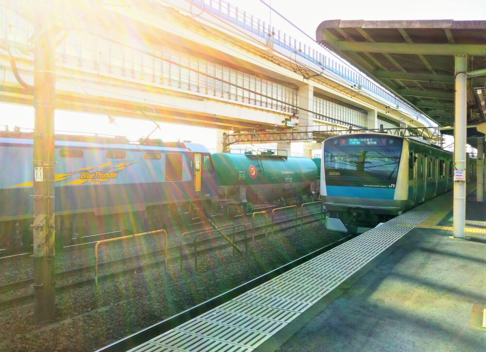貨物列車「ブルーサンダー」と京津東北線の電車｜根岸駅ホームで見られる