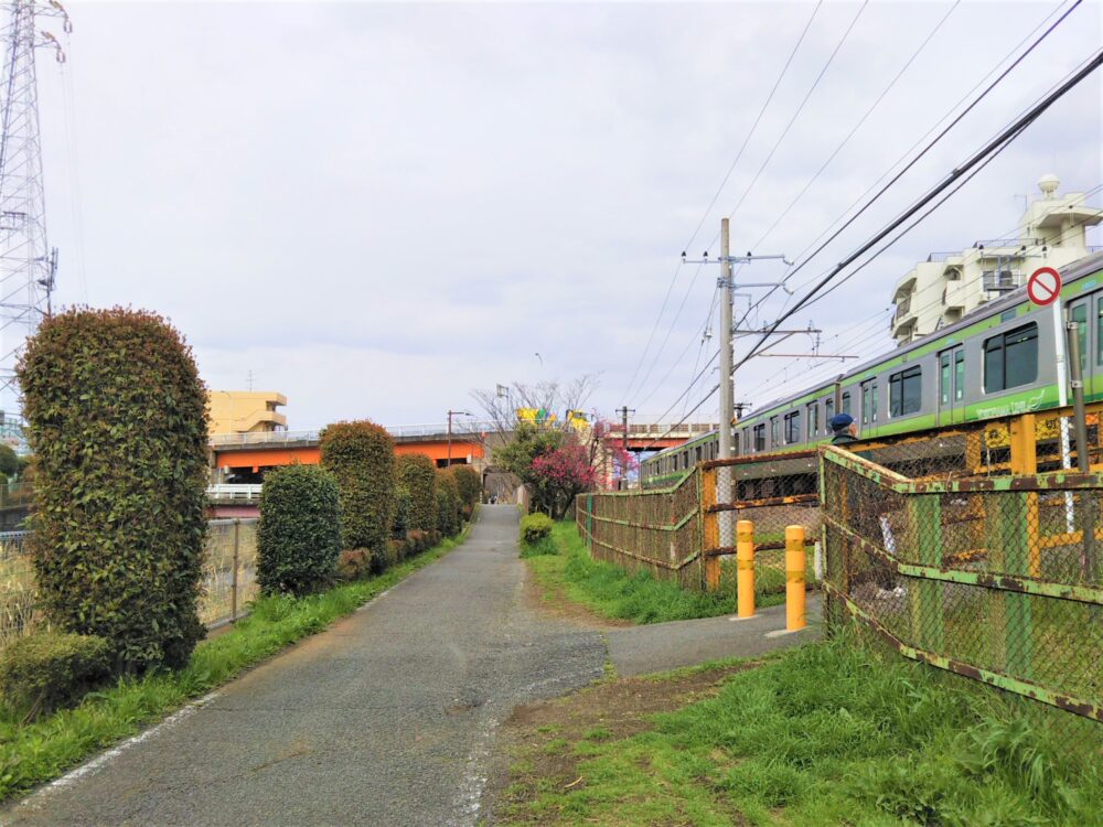 境川沿いの道から見えるＪＲ横浜線の電車と踏切