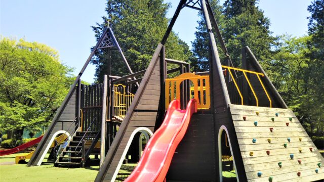 淵野辺公園の大型複合遊具｜ウェーブ滑り台とクライミング用の壁