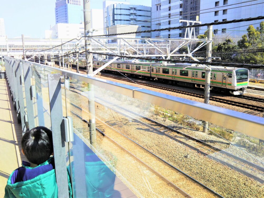 カワサキデルタ｜線路沿いデッキから見える東海道線の電車