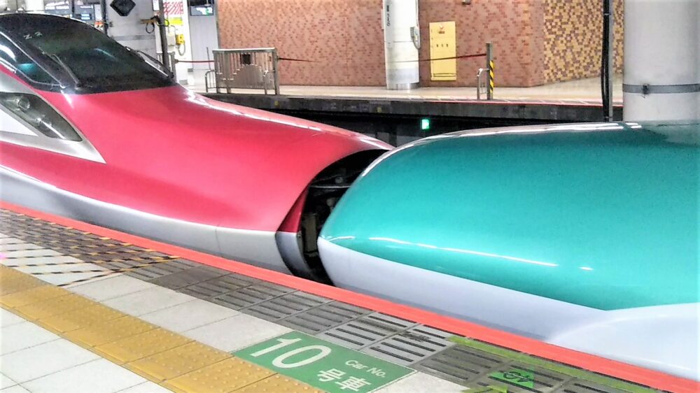 上野駅・新幹線ホームで見える新幹線はやぶさ・こまち