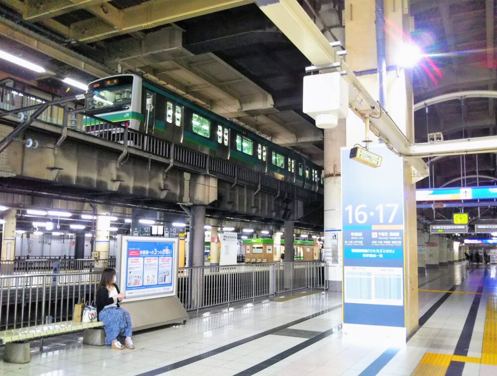 上野駅構内｜新幹線改札口周辺で見える２階ホームと停車中の電車