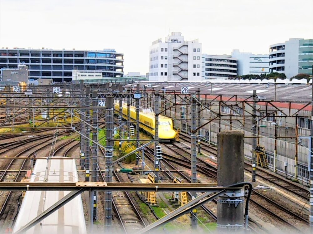 大井車両基地｜陸橋の柵のすき間から見えるドクターイエローと新幹線