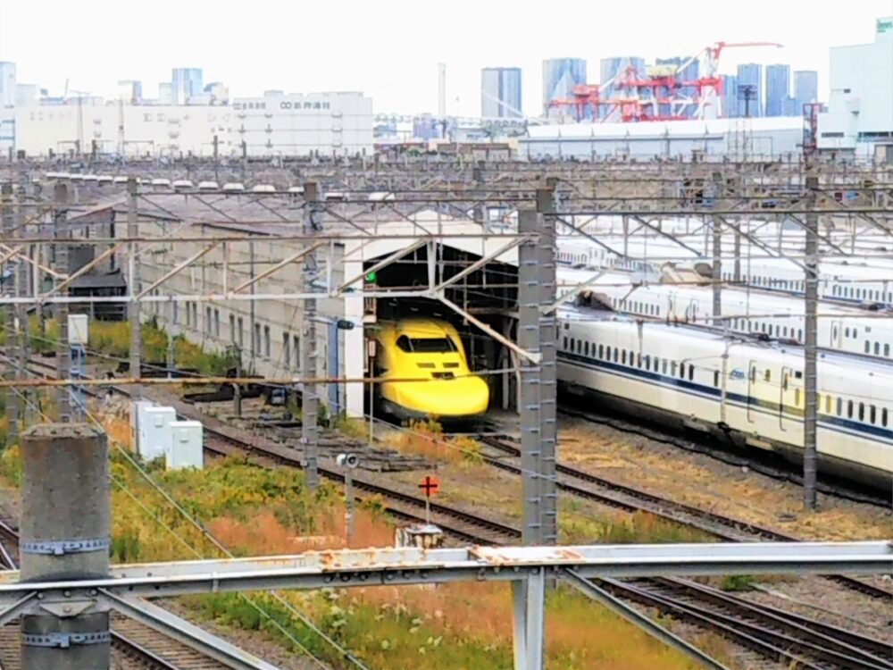大井車両基地｜陸橋の貨物ターミナル駅側で見える車庫内のドクターイエローと新幹線車両