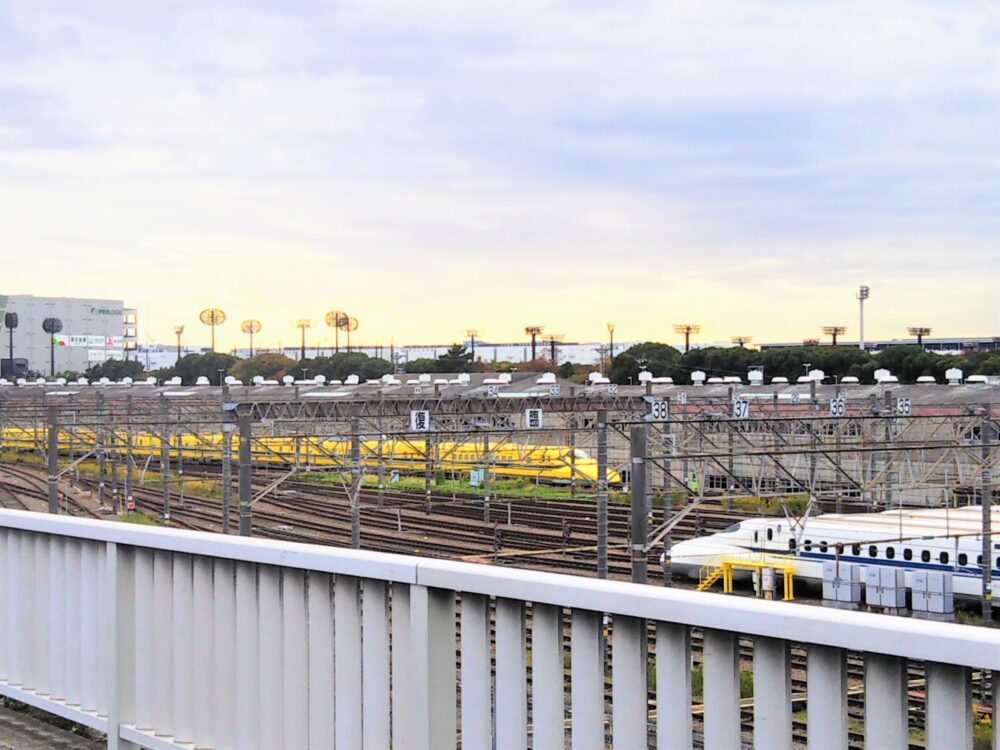 大井車両基地｜陸橋の貨物側で見えるドクターイエローと新幹線車両