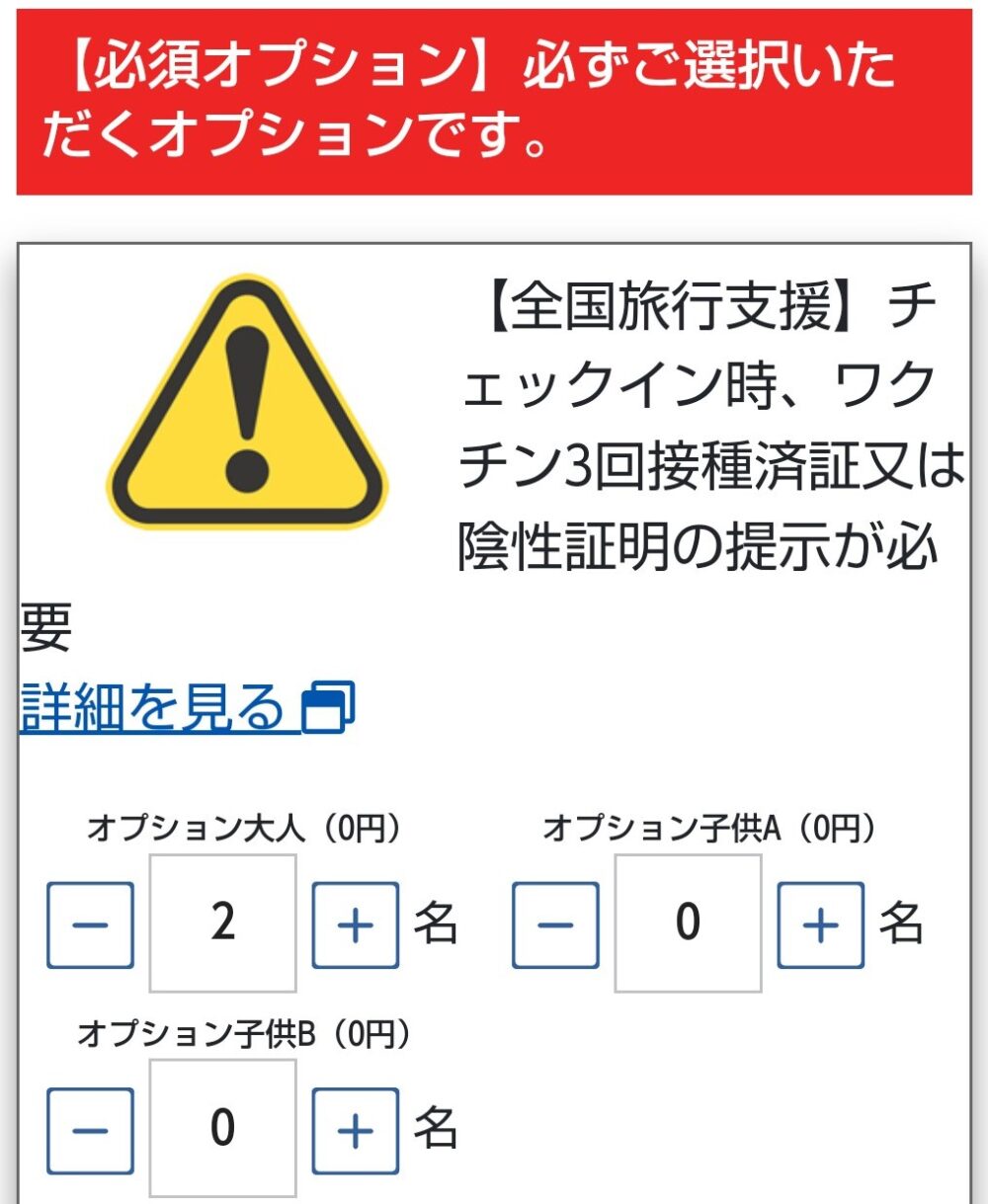 小田急トラベル（公式サイト）全国旅行支援「オプション選択」画面