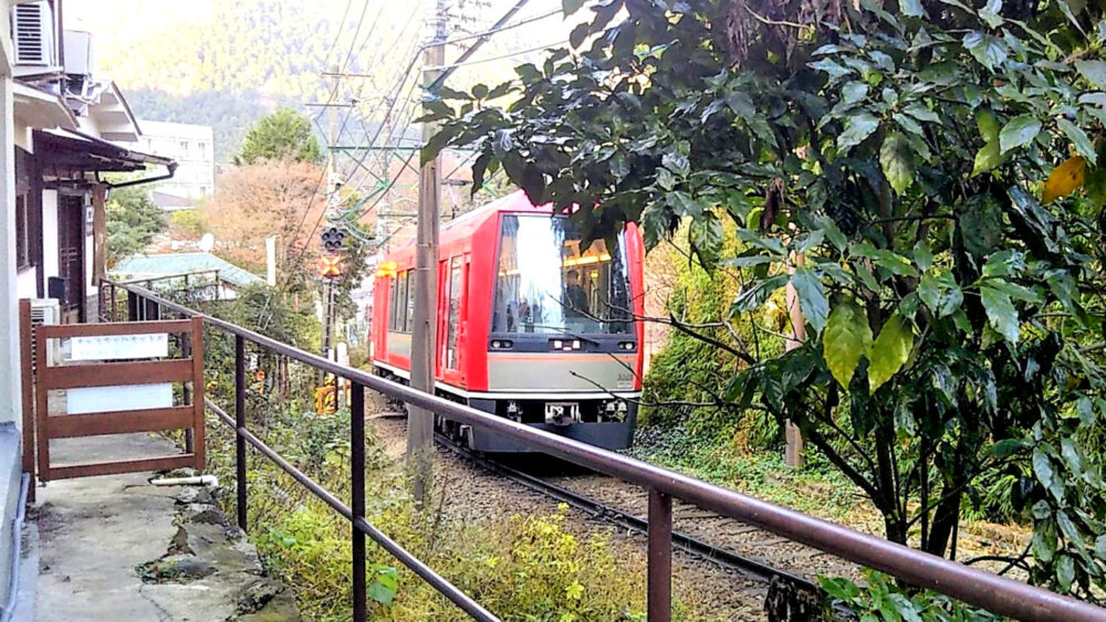 箱根登山電車が見えるスイッチバックカフェ｜テラスから見える箱根登山電車・アレグラ号
