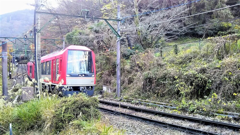 箱根登山電車が見えるスイッチバックカフェ｜デッキから見える箱根登山電車・アレグラ号