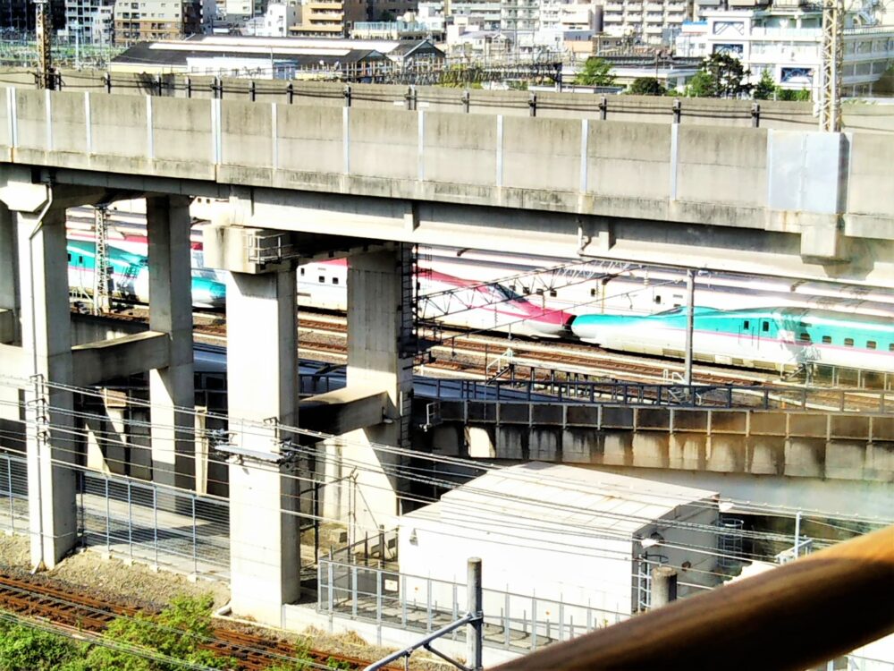 電車が見えるカフェ「カフェ-ノースライト」｜カウンター席から見える新幹線｜車両基地を行き来する新幹線はやぶさ・こまち