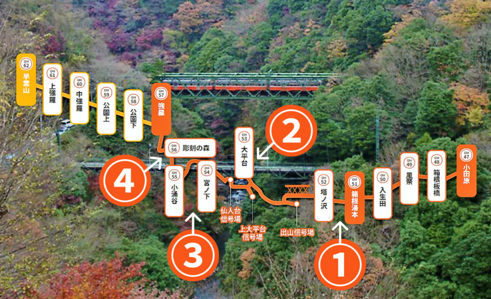 箱根あじさい電車｜箱根登山鉄道の路線図ライトアップ箇所