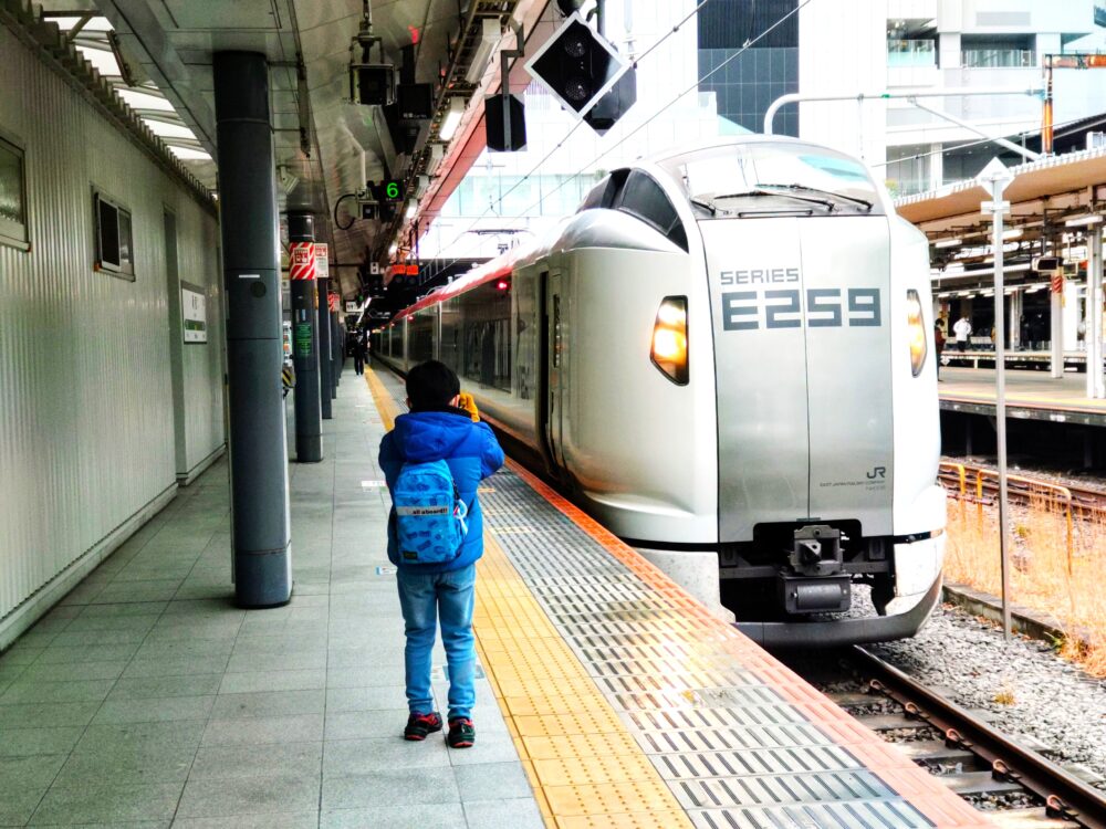 ＪＲ新宿駅５・６番線ホームで見える特急「成田エクスプレス」