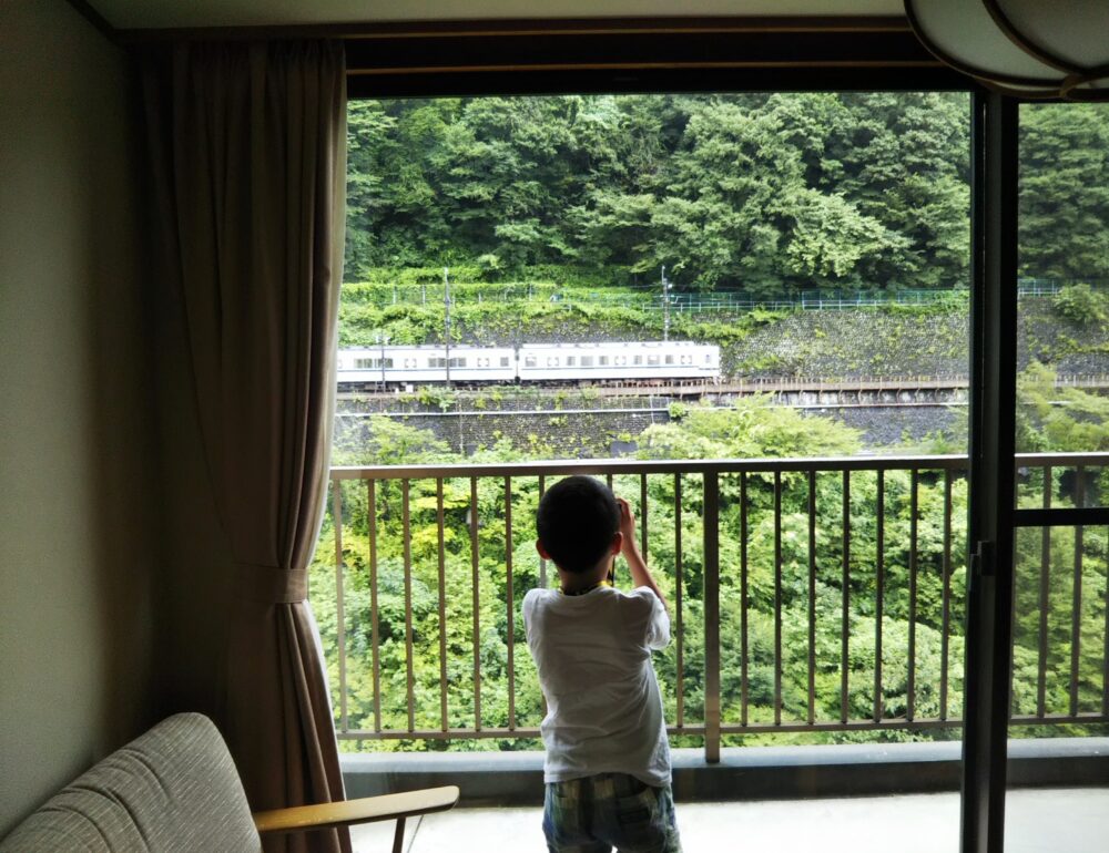 トレインビューホテル「鬼怒川温泉あさや」｜部屋から見える電車・通勤電車と写真撮影する子供