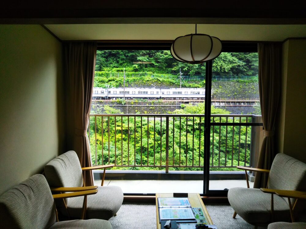 トレインビューホテル「鬼怒川温泉あさや」｜部屋から見える電車・通勤電車と窓周辺の様子