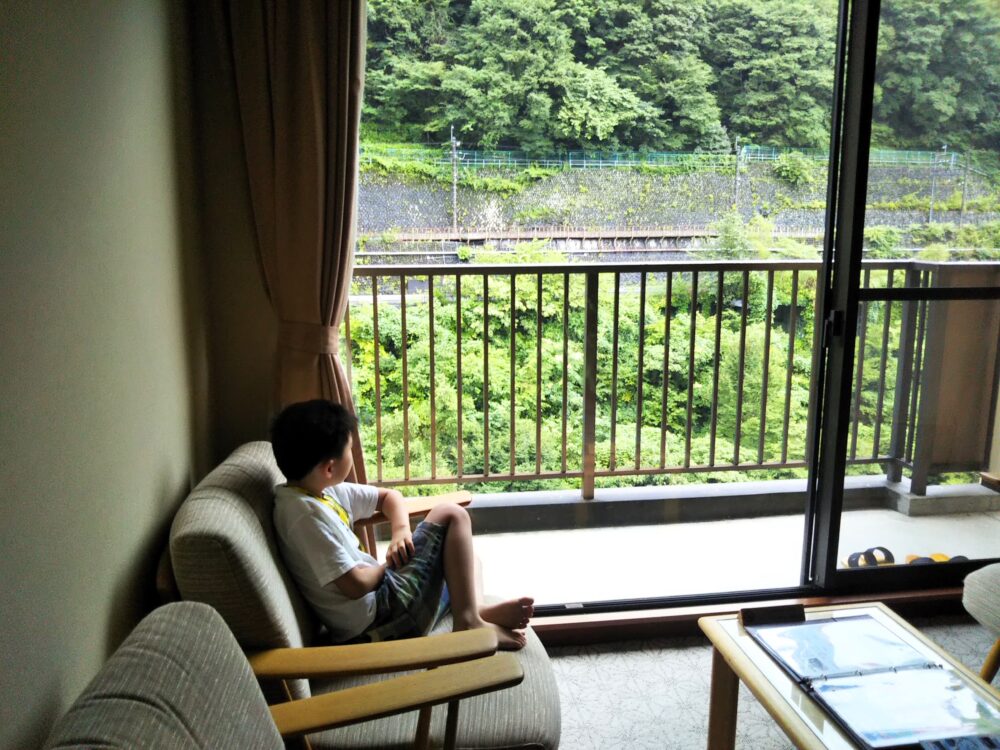 トレインビューホテル「鬼怒川温泉あさや」｜電車が見える窓周辺の椅子に座る子供