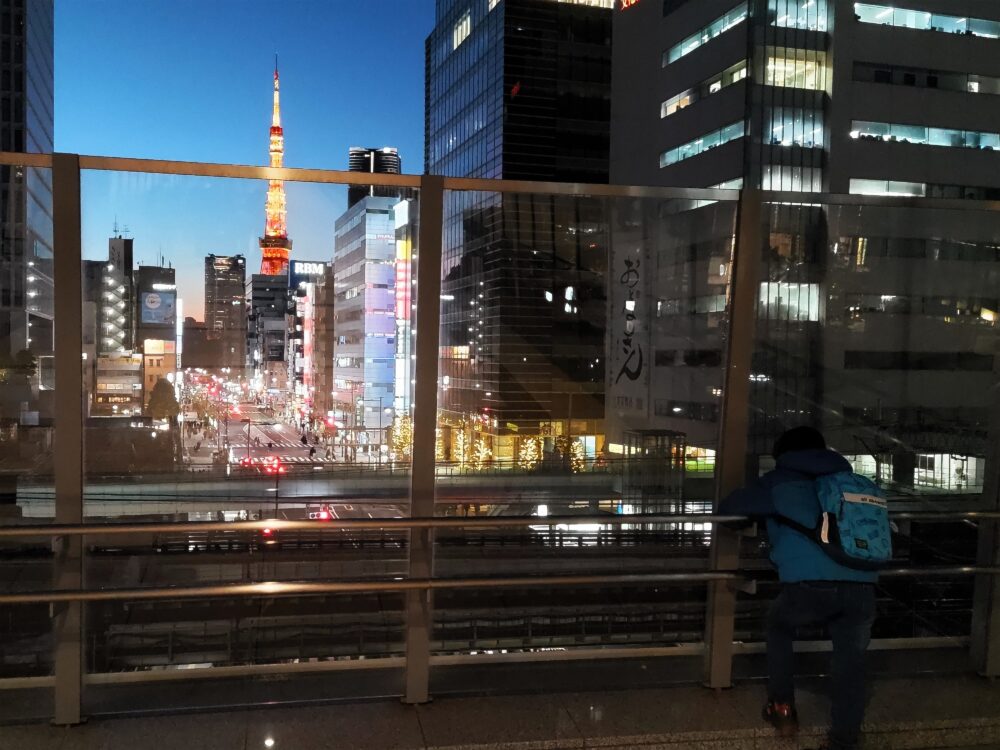 浜松町で新幹線＆電車がたくさん見える場所｜3階・竹芝デッキから見える東京タワー