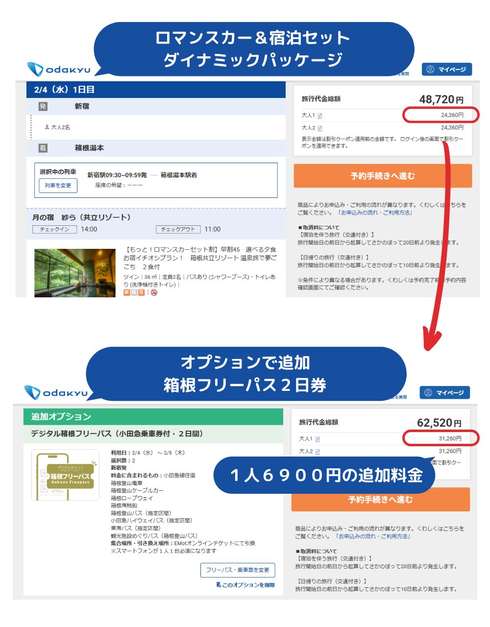 【料金比較】月の宿-紗ら：ロマンスカー＆宿泊セットプラン＜ダイナミックパッケージ＞＋オプション追加「箱根フリーパス２日券」