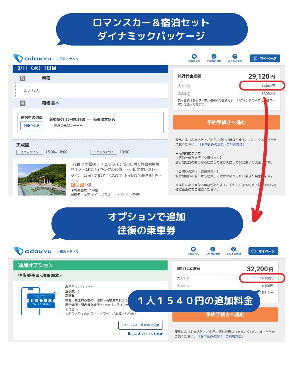 箱根湯本温泉「天成園」小田急トラベル「ロマンスカー＆宿泊セット＜ダイナミックパッケージ＞」＋乗車券セットの料金比較｜2026年2月11日宿泊分