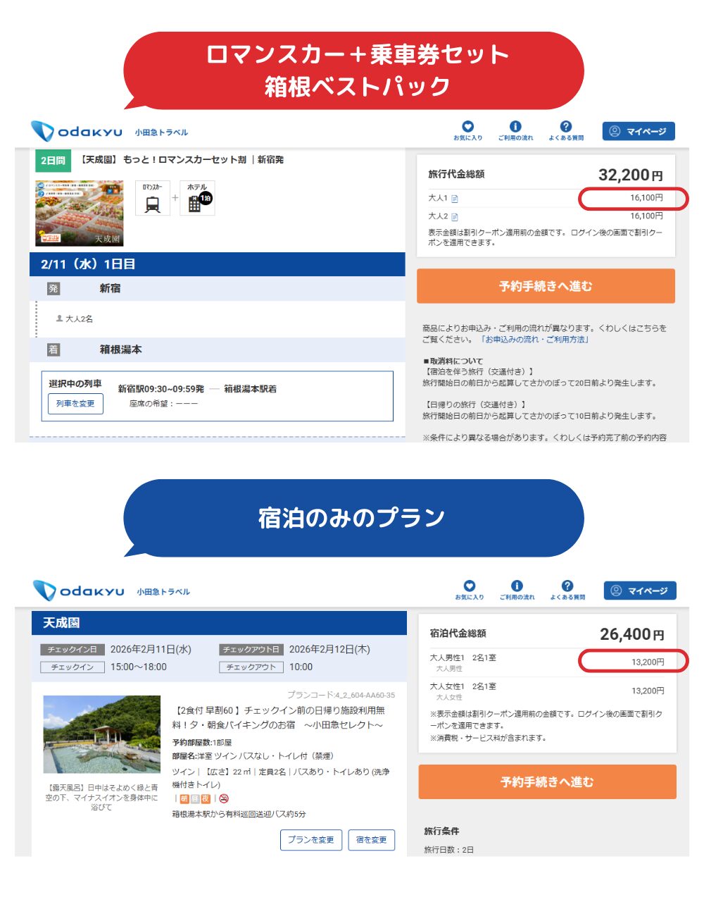 箱根湯本温泉「天成園」小田急トラベル「箱根ベストパック」と「宿泊のみ」料金比較｜2026年2月11日宿泊分